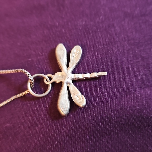 925 Vintage Sterling Silver Dragonfly Pendant Necklace With Rhinestones - Picture 5 of 5